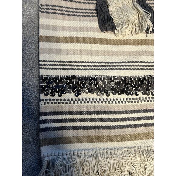 Handwoven Tapestry w/ Fringe Home Decor Boho Farmhouse Morracan Cream Black - Picture 4 of 9